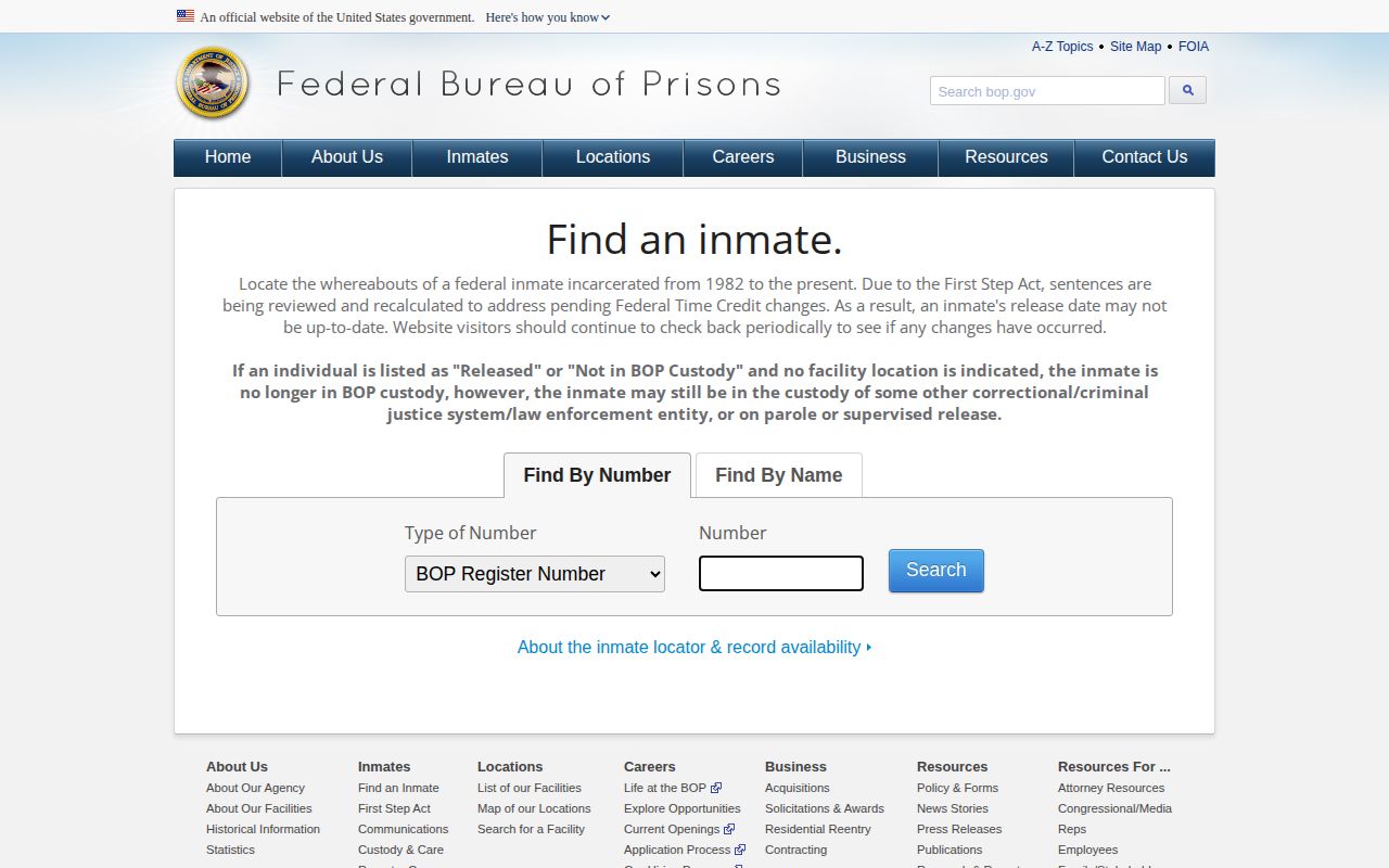 Federal Bureau of Prisons release locator for a Glades County federal custody search
