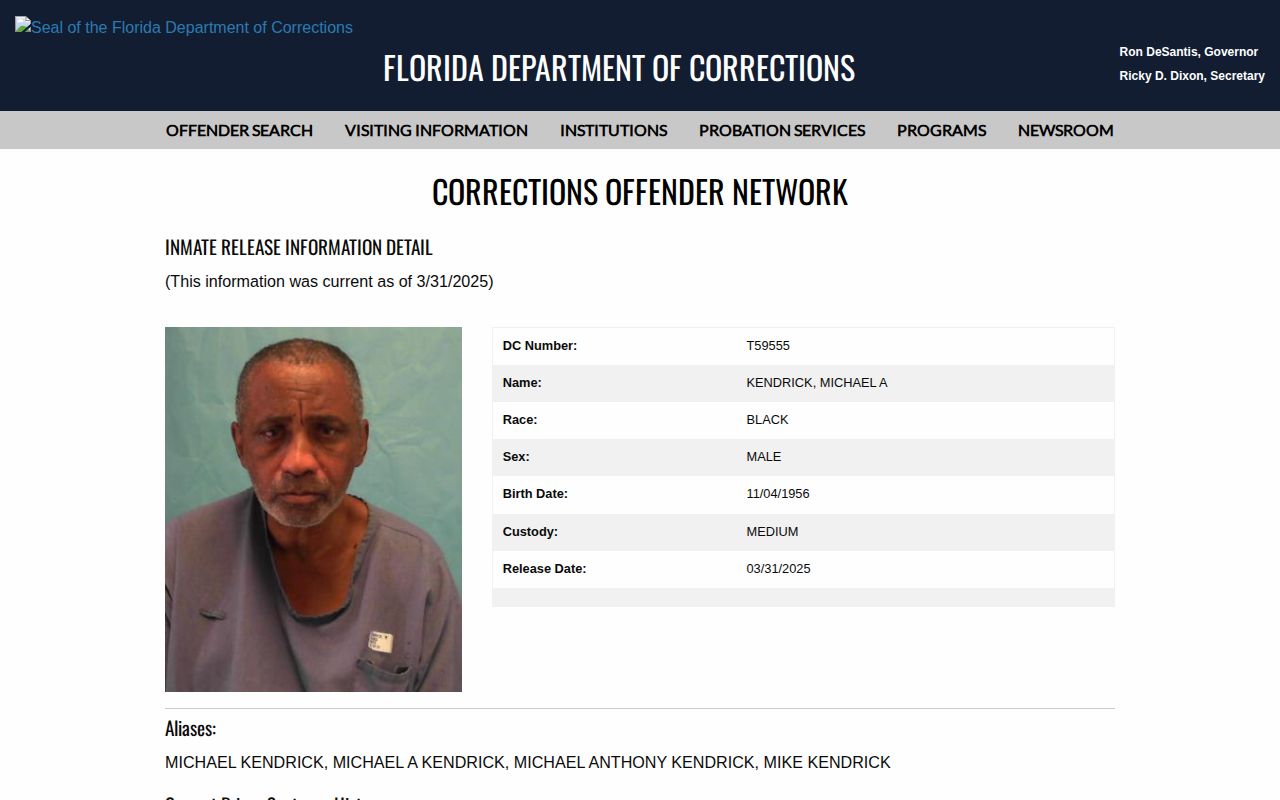 Florida corrections released result with discharge dates for Glades County research