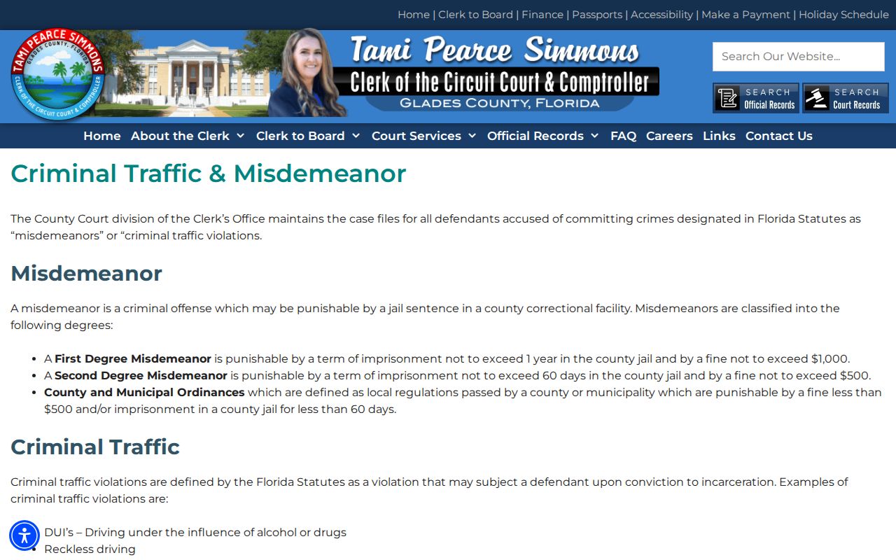Glades County criminal court records division for misdemeanor and traffic cases