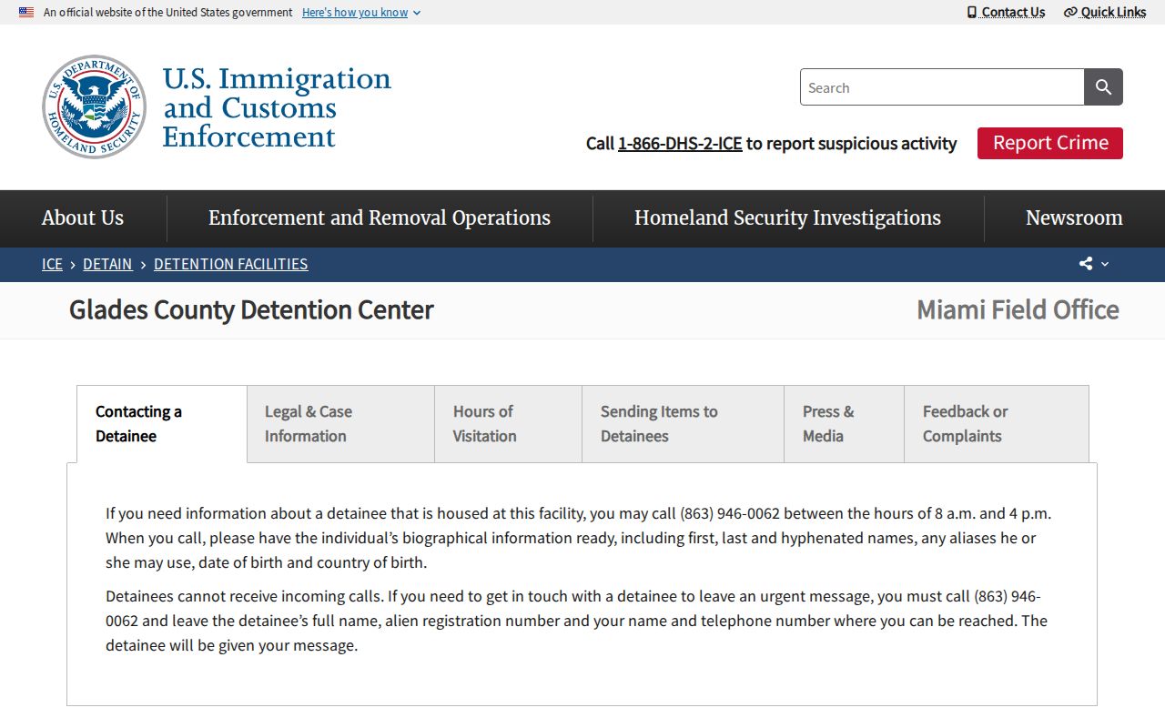 ICE custody and release contact for Glades County Detention Center